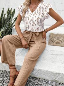 SHEIN LUNE Allover Print Ruffle Trim Blouse & Belted Trousers - Khaki - View 6