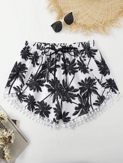 Bikini de talla grande con Bottom con cordón en la cintura, estampado de palmeras y adorno de pompón para el verano