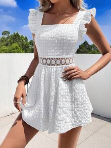 SHEIN VCAY Guipure Lace Insert Ruffle Trim Tie Backless Jumpsuit - White - View 3