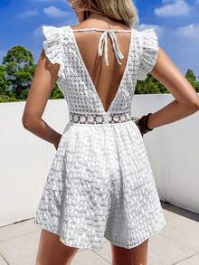 SHEIN VCAY Guipure Lace Insert Ruffle Trim Tie Backless Jumpsuit - White - View 2