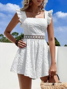 SHEIN VCAY Guipure Lace Insert Ruffle Trim Tie Backless Jumpsuit - White - View 4