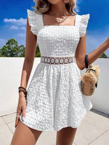 SHEIN VCAY Guipure Lace Insert Ruffle Trim Tie Backless Jumpsuit - White - View 5