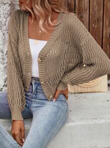 SHEIN Frenchy Nữ Cardigans Nút phía trước màu trơn Giải trí - Màu Khaki - Xem 1