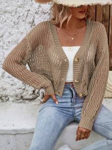 SHEIN Frenchy Nữ Cardigans Nút phía trước màu trơn Giải trí - Màu Khaki - Xem 3