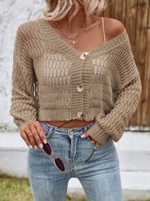 SHEIN Frenchy Nữ Cardigans Nút phía trước màu trơn Giải trí - Màu Khaki - Xem 5