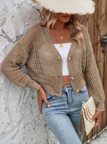 SHEIN Frenchy Nữ Cardigans Nút phía trước màu trơn Giải trí - Màu Khaki - Xem 6