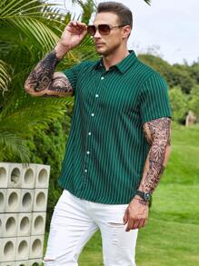 Manfinity Homme 男士加大时尚立领条纹印花短袖衬衫 - 綠色 - 查看 6