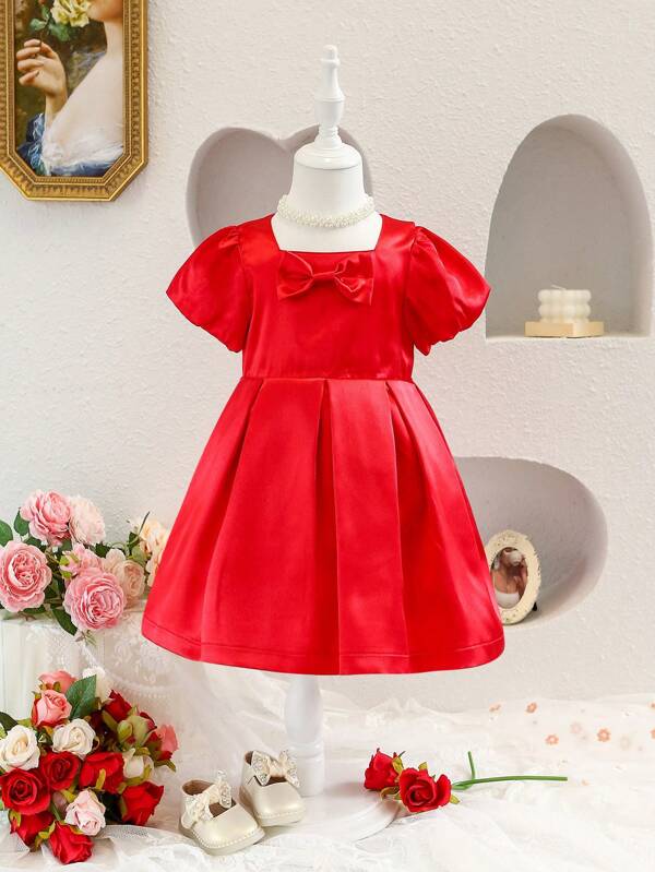 SHEIN Baby Solid Bow Front Puff Sleeve Pleated Detail Square Neck Dress SHEIN USA