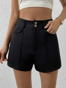 SHEIN Essnce High Waist Button Front Shorts - Black - View 3