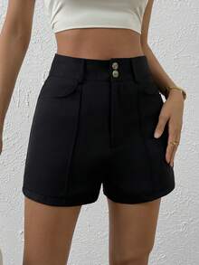 SHEIN Essnce High Waist Button Front Shorts - Black - View 5