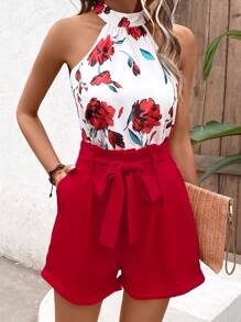 SHEIN Frenchy 印花吊脖襯衫和附腰帶短褲 - 紅白色 - 查看 1