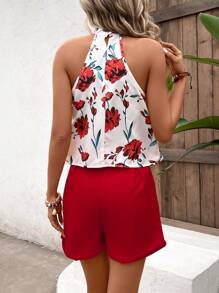 SHEIN Frenchy 印花吊脖襯衫和附腰帶短褲 - 紅白色 - 查看 2