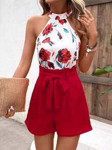 SHEIN Frenchy 印花吊脖襯衫和附腰帶短褲 - 紅白色 - 查看 3