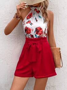 SHEIN Frenchy 印花吊脖襯衫和附腰帶短褲 - 紅白色 - 查看 5