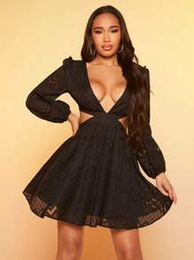 SHEIN SXY Đầm Lộ Lưng Cắt ra Buộc lại màu trơn Gợi cảm - màu đen - Xem 1