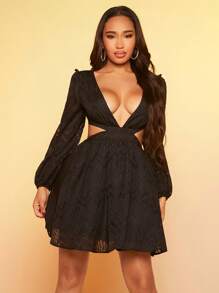 SHEIN SXY Đầm Lộ Lưng Cắt ra Buộc lại màu trơn Gợi cảm - màu đen - Xem 3