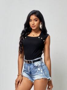SHEIN LUNE Camiseta con diseño de botón tejido de canalé - Negro - Ver 3