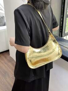 Crocodile Embossed Hobo Bag Gold Funky With Zipper - Hot Pink - View 2