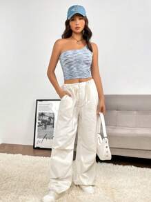 SHEIN EZwear Áo nữ màu trơn Giải trí - Màu xanh lam - Xem 4