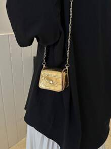 迷你鳄鱼纹手提包，纯色链条单肩包 - 金色 - 查看 5