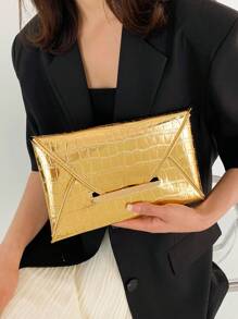 Luxury Dinner Bag, Evening Bag Glamorous, Elegant, Exquisite, Quiet Luxury Crocodile Embossed Envelope Bag Gold Metal Decor Funky Square Bag For Lady, Woman, For Party Girl, Bride Perfect for Party, Wedding, Prom, Dinner/Banquet, Dinner/Banquet, Best Gift For Women Mom Teacher Friend Bridesmaid - Gold - View 2