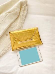 Luxury Dinner Bag, Evening Bag Glamorous, Elegant, Exquisite, Quiet Luxury Crocodile Embossed Envelope Bag Gold Metal Decor Funky Square Bag For Lady, Woman, For Party Girl, Bride Perfect for Party, Wedding, Prom, Dinner/Banquet, Dinner/Banquet, Best Gift For Women Mom Teacher Friend Bridesmaid - Gold - View 5