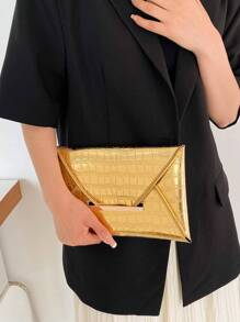 Luxury Dinner Bag, Evening Bag Glamorous, Elegant, Exquisite, Quiet Luxury Crocodile Embossed Envelope Bag Gold Metal Decor Funky Square Bag For Lady, Woman, For Party Girl, Bride Perfect for Party, Wedding, Prom, Dinner/Banquet, Dinner/Banquet, Best Gift For Women Mom Teacher Friend Bridesmaid - Gold - View 6