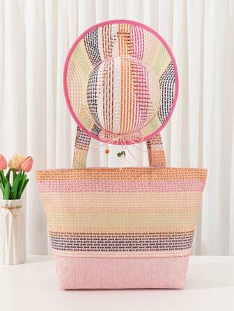 Colourblock Straw Bag Large Capacity With Straw Hat For Beach