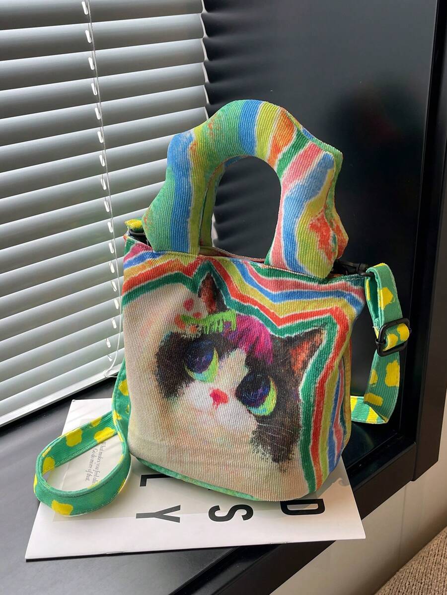 Cartoon Cat Pattern Square Bag Fashionable Double Handle For Daily