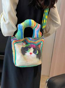 Cartoon Cat Pattern Square Bag Fashionable Double Handle For Daily