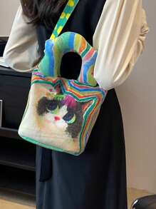 Cartoon Cat Pattern Square Bag Fashionable Double Handle For Daily