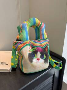 Cartoon Cat Pattern Square Bag Fashionable Double Handle For Daily