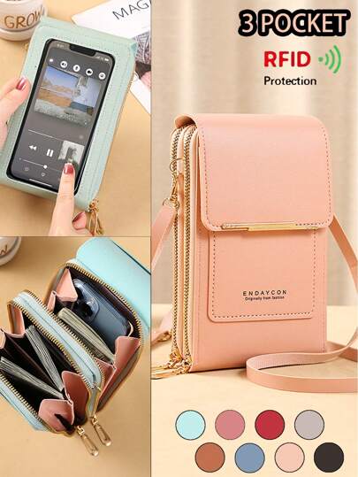 حقائب كروس بودي للسيدات، لون أحادي، بسوستة، جيب للهاتف، ذات طبقتين، حقيبة كتف، حقيبة هاتف تعمل باللمس للسيدات، محفظة وحقيبة محفظة