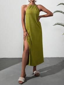 SHEIN Holidaya 素色高衩繞頸連衣裙 - 橄欖綠 - 查看 4
