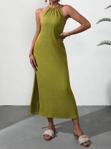 SHEIN Holidaya 素色高衩繞頸連衣裙 - 橄欖綠 - 查看 5