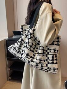 Colorblock Crochet Bag Large Capacity Double Handle For Vacation - Black and White - View 2