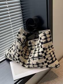 Colorblock Crochet Bag Large Capacity Double Handle For Vacation - Black and White - View 3