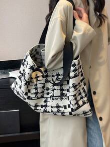 Colorblock Crochet Bag Large Capacity Double Handle For Vacation - Black and White - View 4