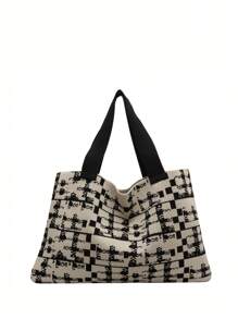 Colorblock Crochet Bag Large Capacity Double Handle For Vacation - Black and White - View 7