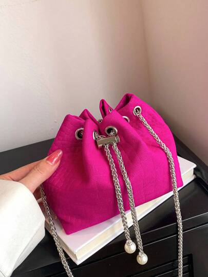Mini Hot Pink Bucket Bag Fashionable Drawstring School Bag For Graduate, Teen Girls, Freshman, Sophomore, Junior & Senior In College, University & High School, Perfect For Outdoors ,Travel & Back To School