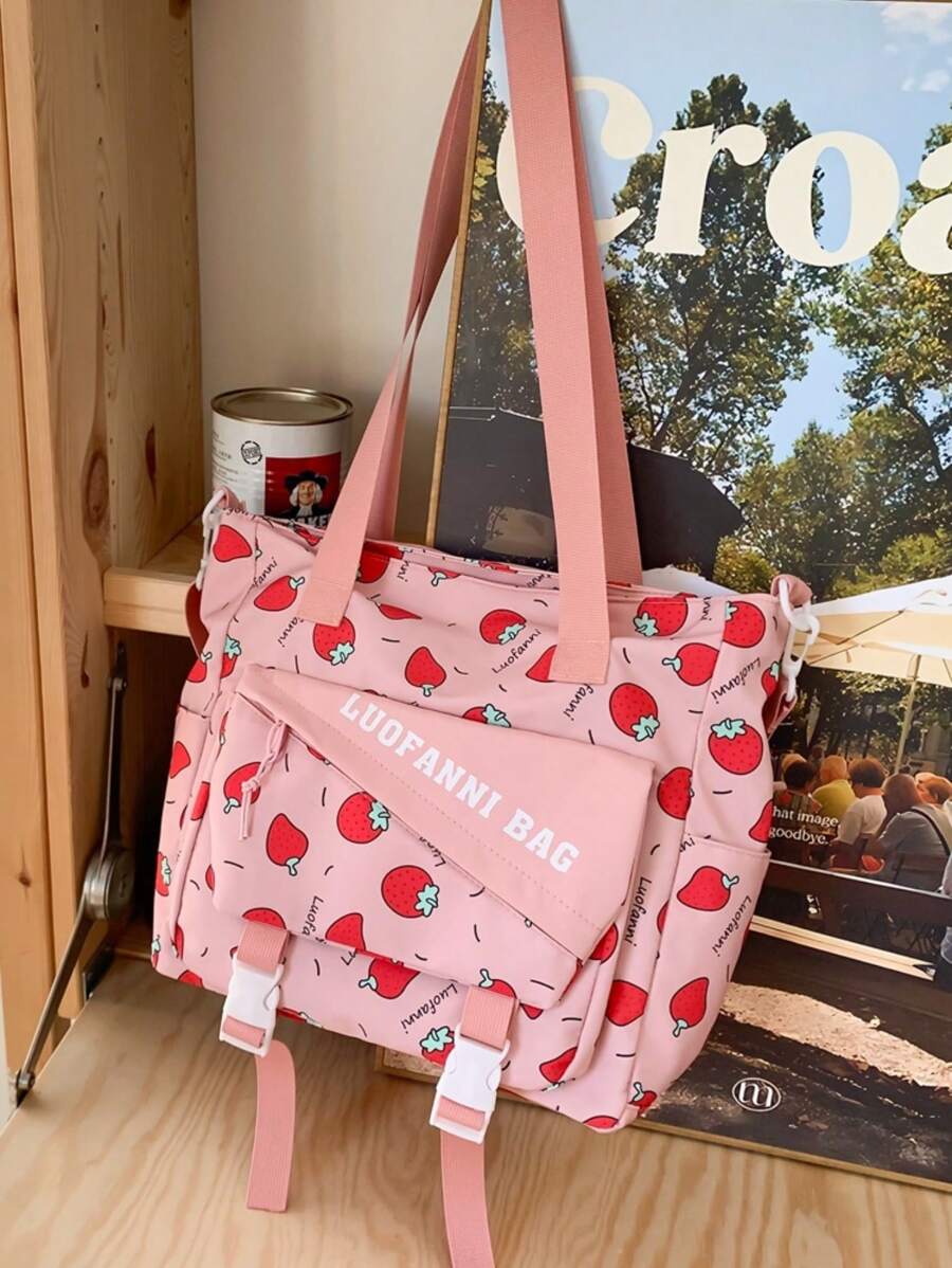 Túi tote đeo vai có dây kéo trung bình Dây đeo có thể điều chỉnh hình trái dâu & chữ cái thời trang - Hồng - Xem 1