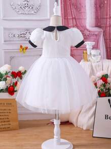 SHEIN Đầm bé gái Tương phản ren Tương phản Mesh Nút phía trước Khối Màu Dễ thương - Đen và trắng - Xem 2