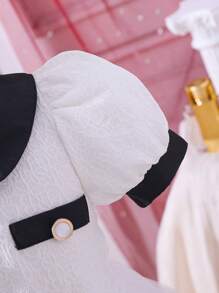 SHEIN Đầm bé gái Tương phản ren Tương phản Mesh Nút phía trước Khối Màu Dễ thương - Đen và trắng - Xem 5