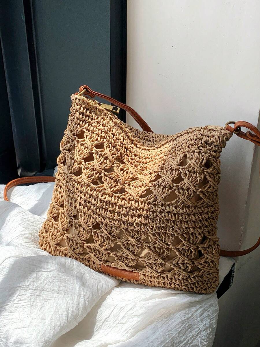 度假草編包編織細節鏤空可調整肩帶 - 卡其色 - 查看 1