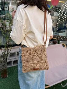 度假草編包編織細節鏤空可調整肩帶 - 卡其色 - 查看 7