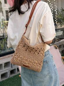 度假草編包編織細節鏤空可調整肩帶 - 卡其色 - 查看 8