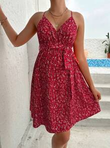 SHEIN 孕婦碎花腰帶吊帶洋裝