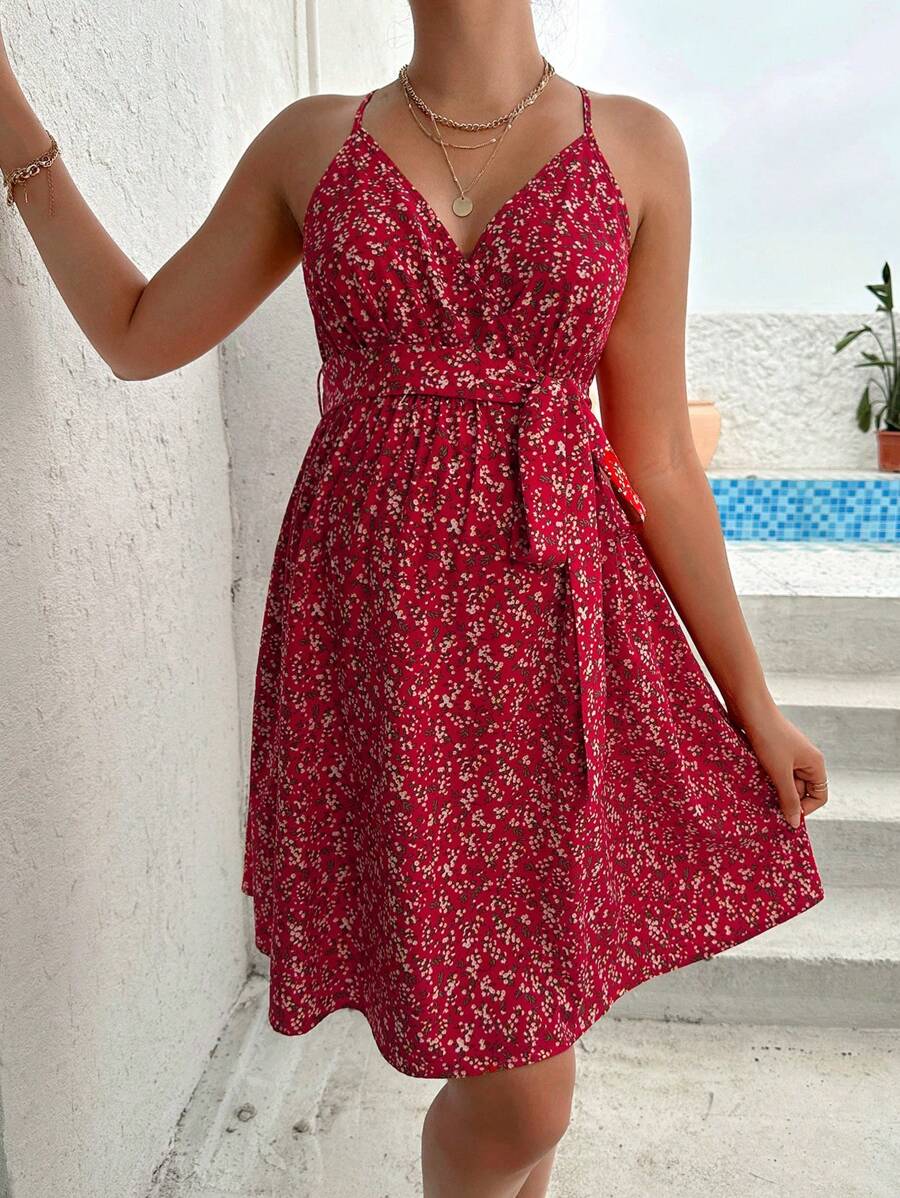 SHEIN 孕婦碎花腰帶吊帶洋裝