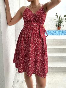 SHEIN 孕婦碎花腰帶吊帶洋裝