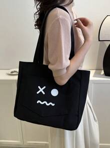 表情圖案購物袋帆布休閒黑色 - 黑色 - 查看 5
